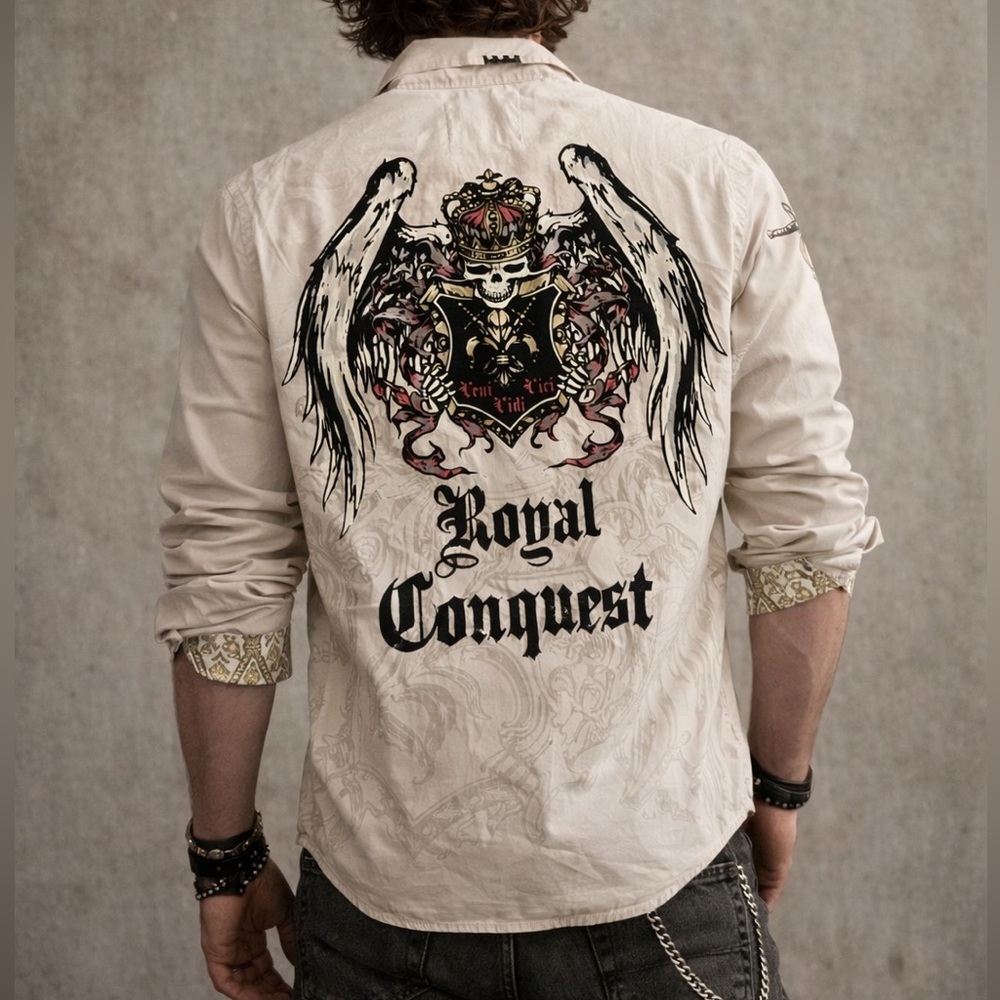 Rebel Spirit Shirt Large Gray Long Sleeve Flip Cuff Gothic Skull Crown Wings